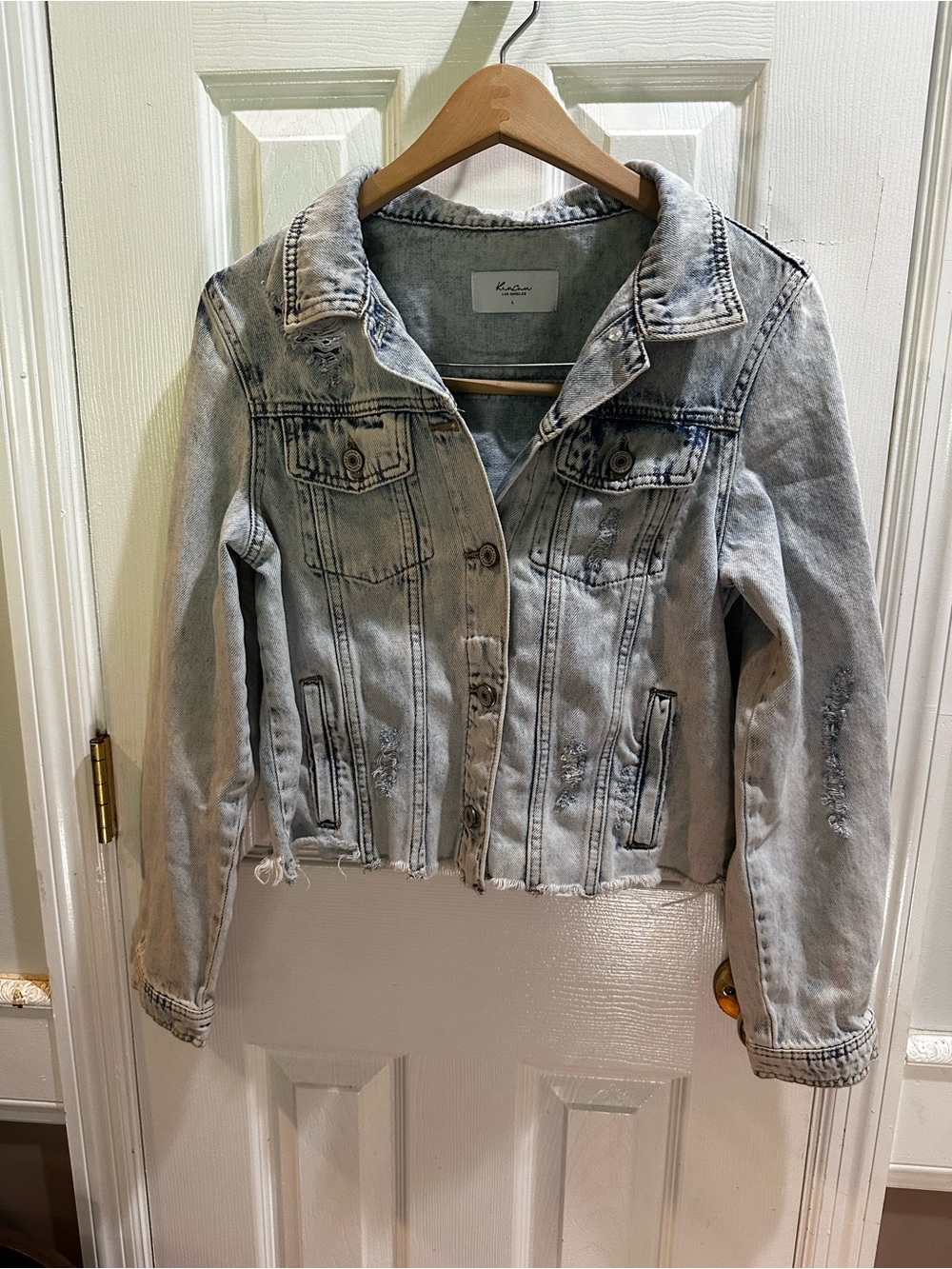 Kancan Denim Jacket Light Wash Jean Distressed Cropped Large